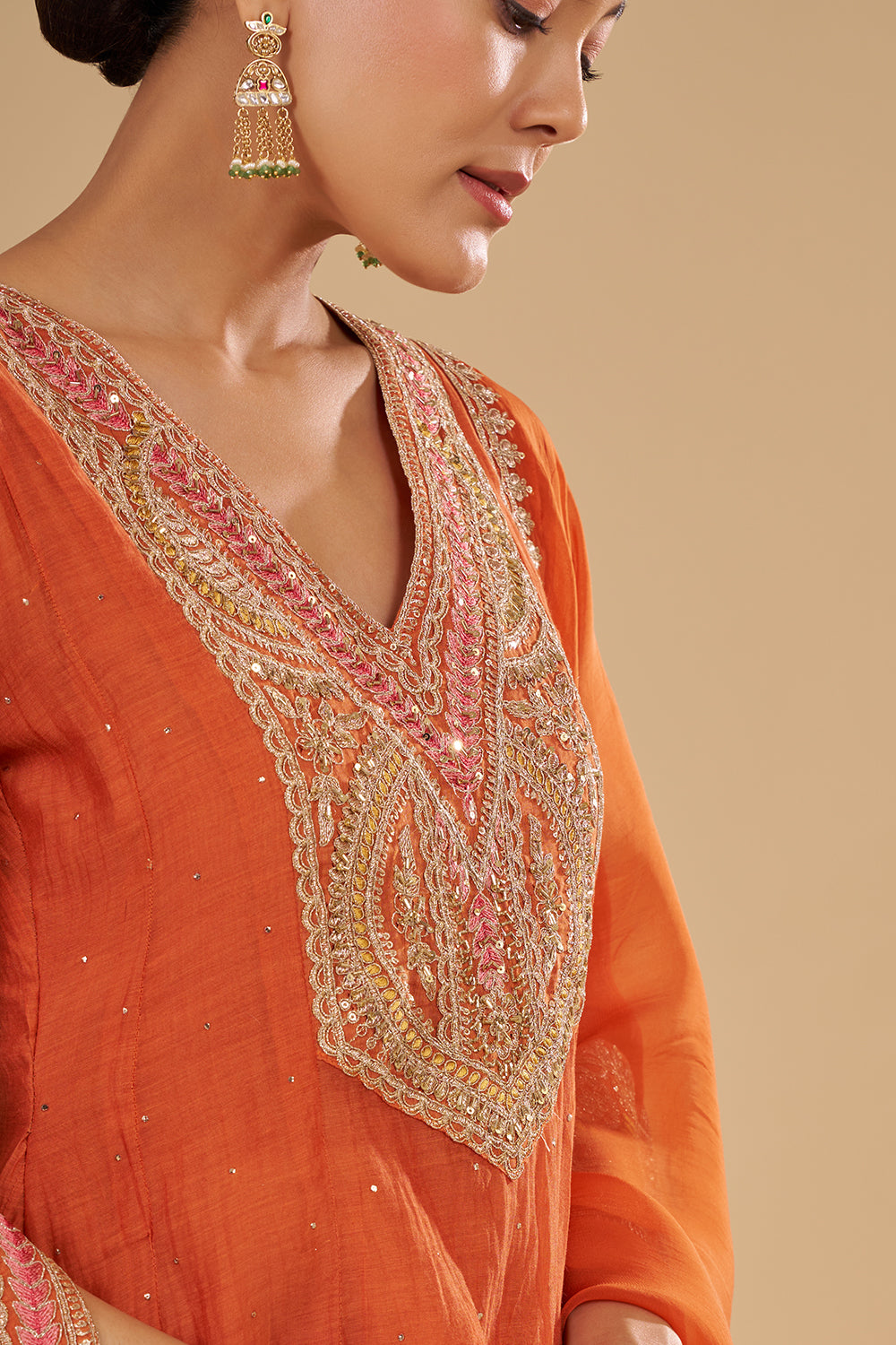 Burnt Orange Cotton Chanderi A-Line Anarkali Set with Zari, Sequins and Resham Embroidery