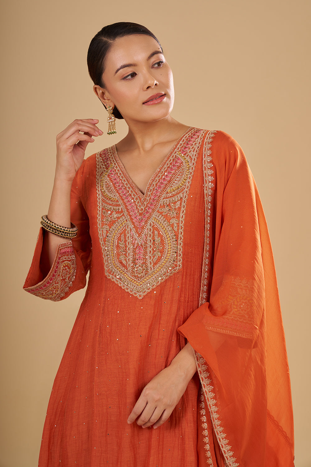 Burnt Orange Cotton Chanderi A-Line Anarkali Set with Zari, Sequins and Resham Embroidery