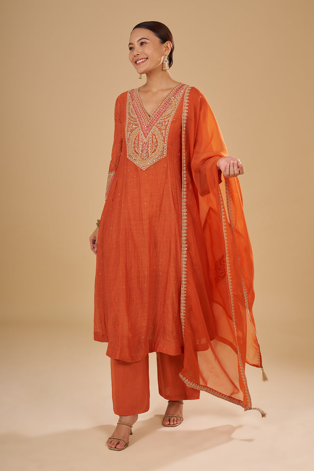 Burnt Orange Cotton Chanderi A-Line Anarkali Set with Zari, Sequins and Resham Embroidery