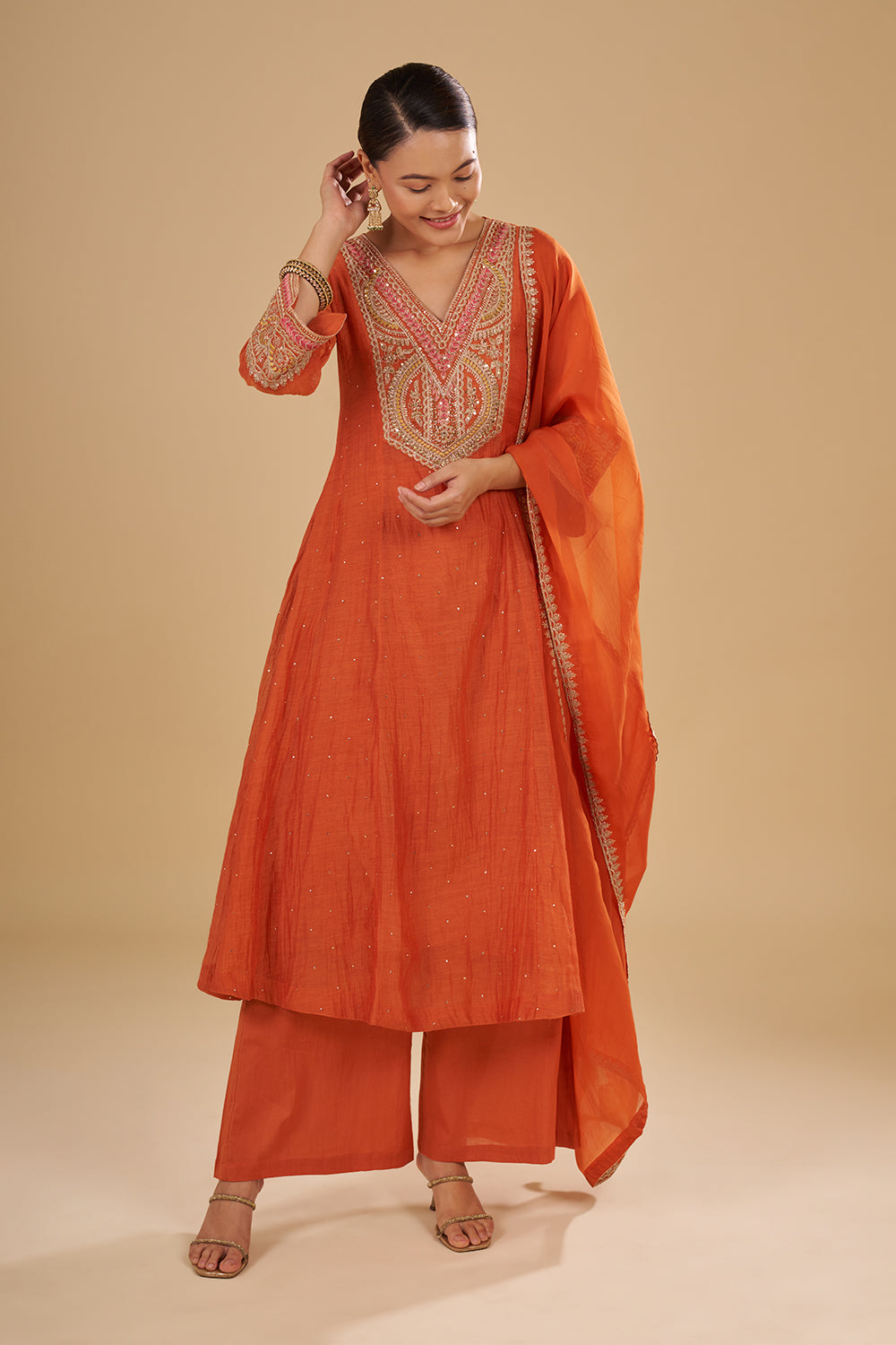 Burnt Orange Cotton Chanderi A-Line Anarkali Set with Zari, Sequins and Resham Embroidery