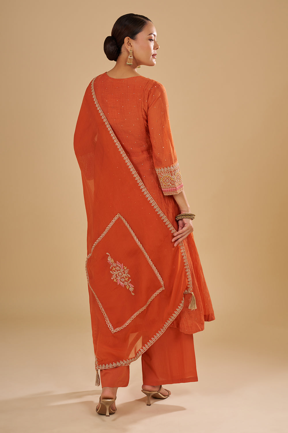 Burnt Orange Cotton Chanderi A-Line Anarkali Set with Zari, Sequins and Resham Embroidery
