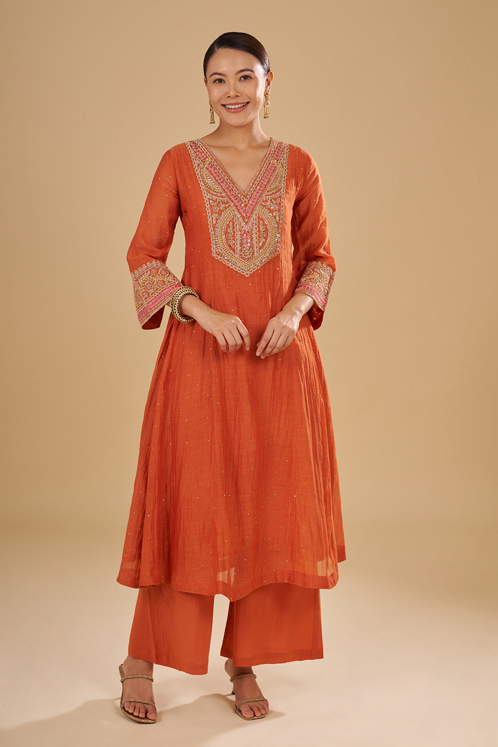 Burnt Orange Cotton Chanderi A-Line Anarkali Set with Zari, Sequins and Resham Embroidery