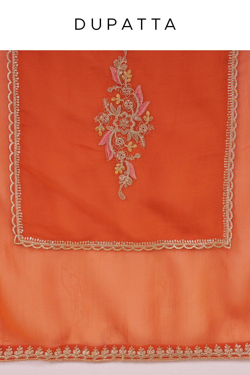 Burnt Orange Cotton Chanderi A-Line Anarkali Set with Zari, Sequins and Resham Embroidery