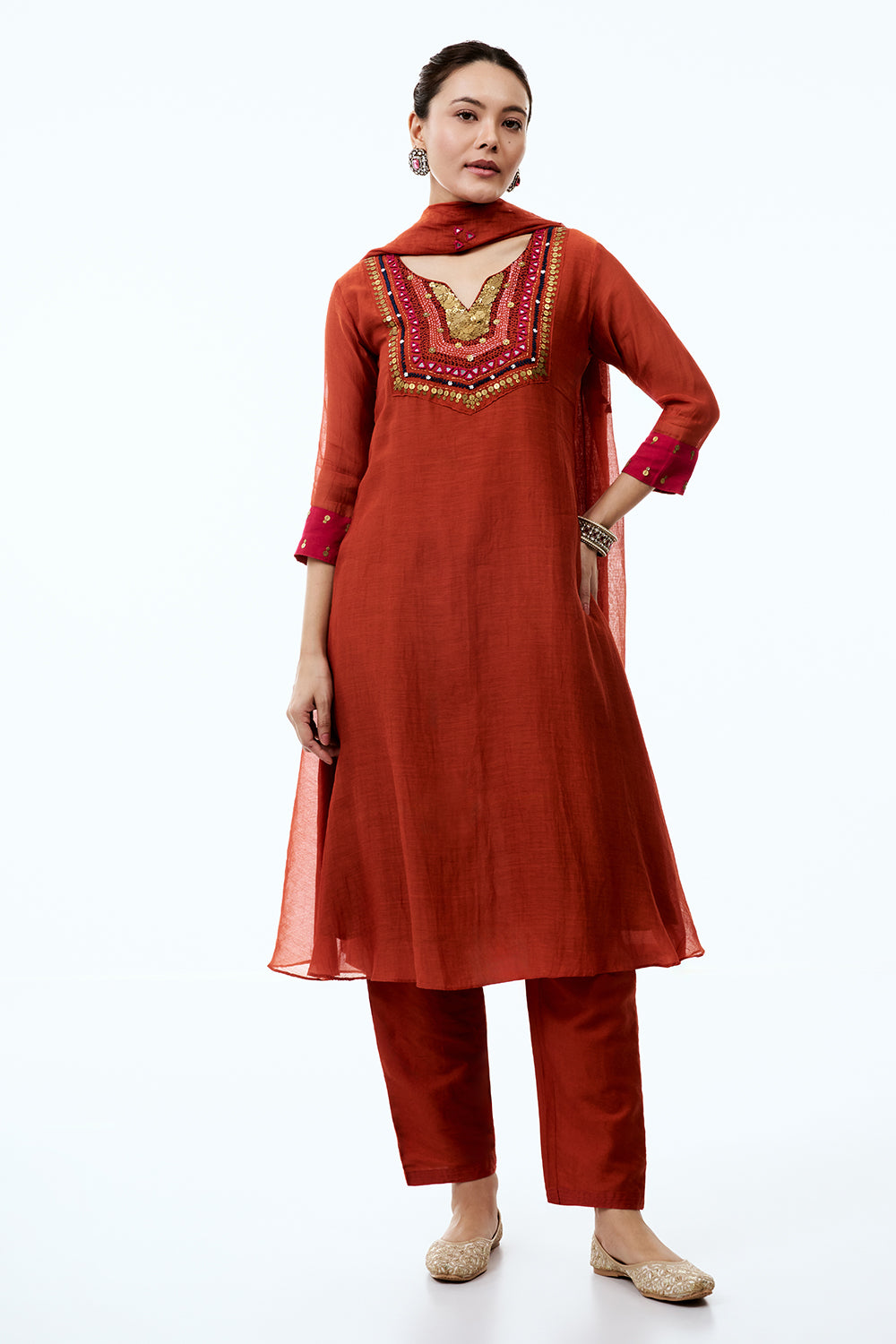 Burnt Orange Cotton Suit Set with Resham and Sequin Work