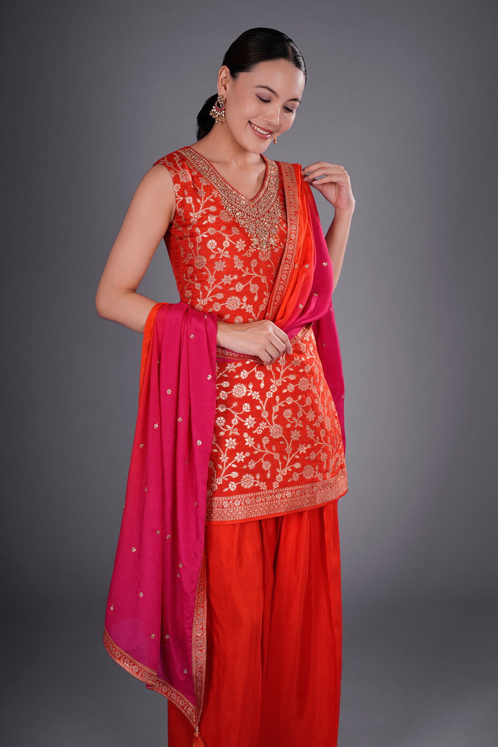 Burnt Orange Shimmer Zari Brocade Short Kurta Set with Zari Bead Embroidery
