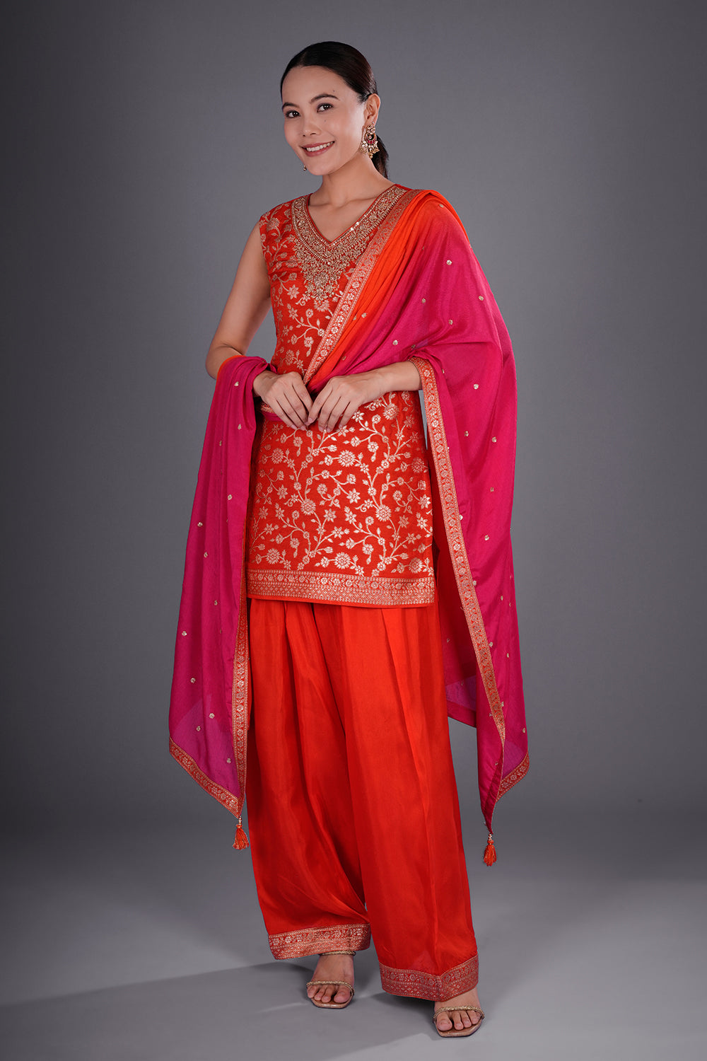 Burnt Orange Shimmer Zari Brocade Short Kurta Set with Zari Bead Embroidery