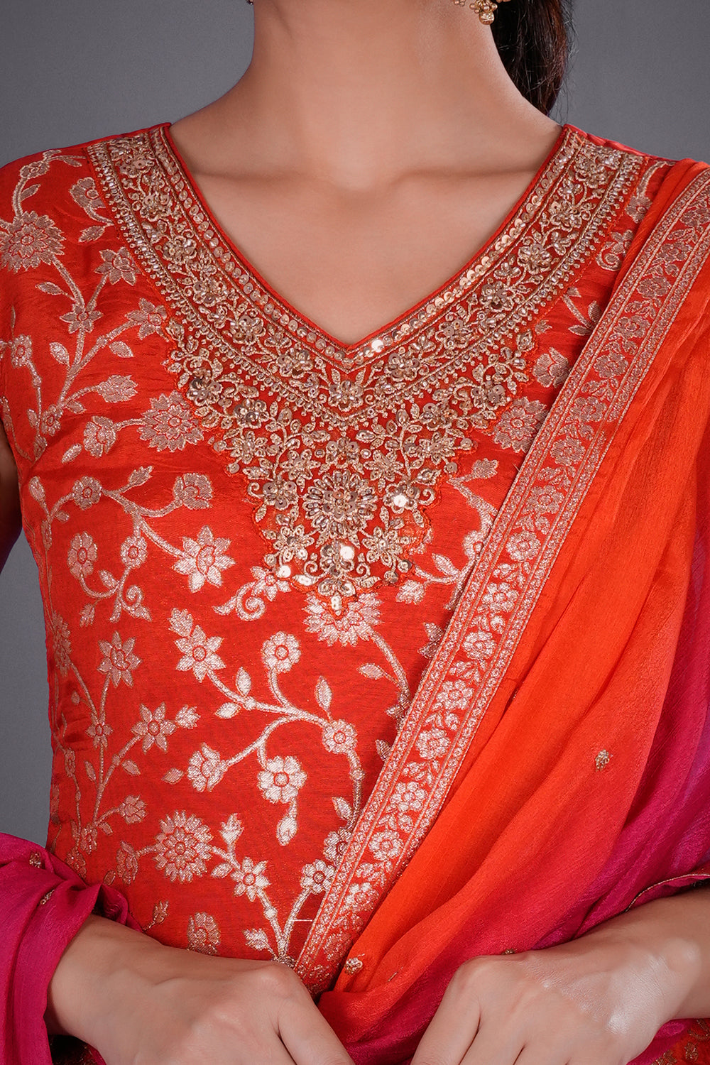Burnt Orange Shimmer Zari Brocade Short Kurta Set with Zari Bead Embroidery