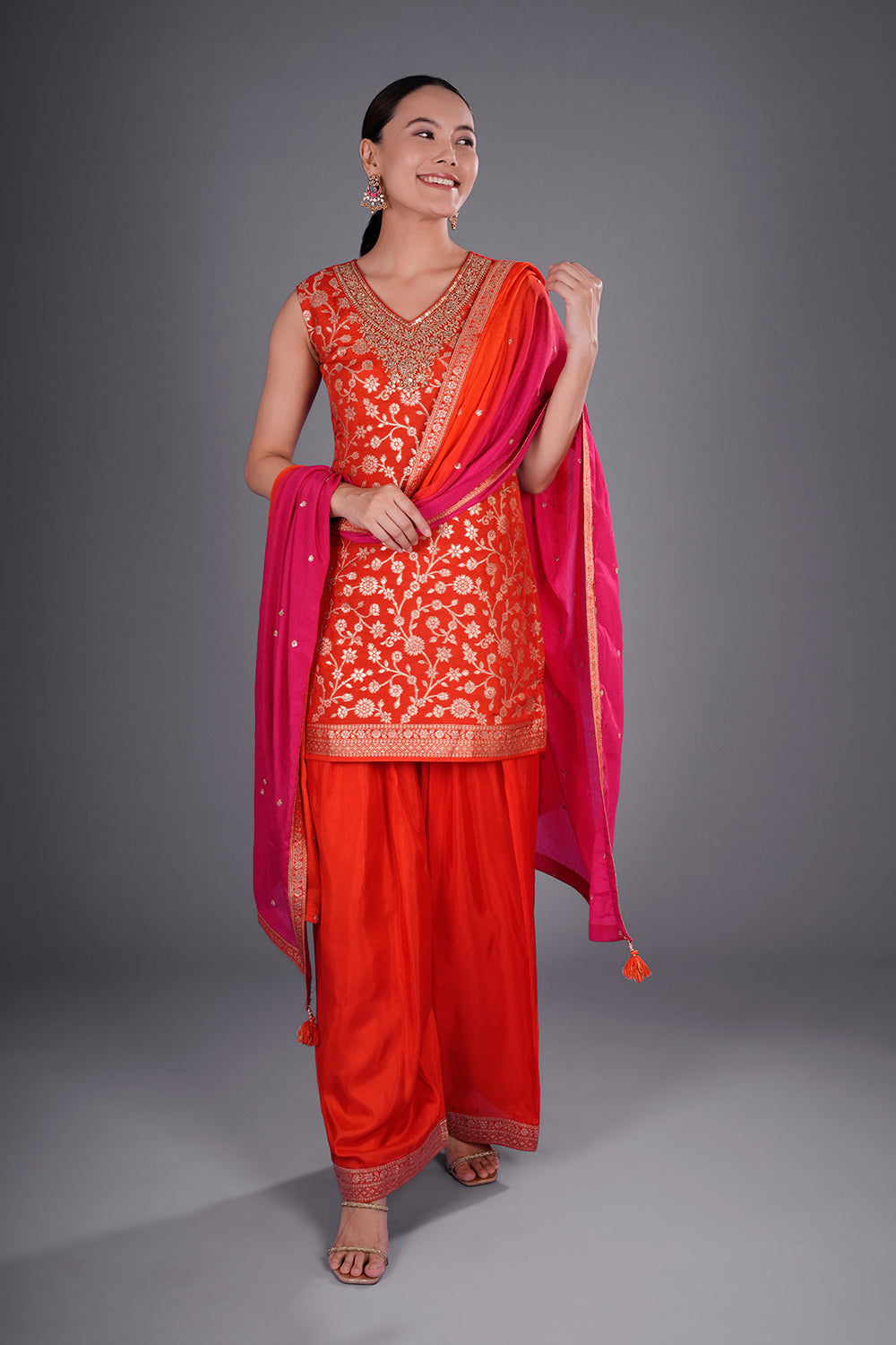 Burnt Orange Shimmer Zari Brocade Short Kurta Set with Zari Bead Embroidery