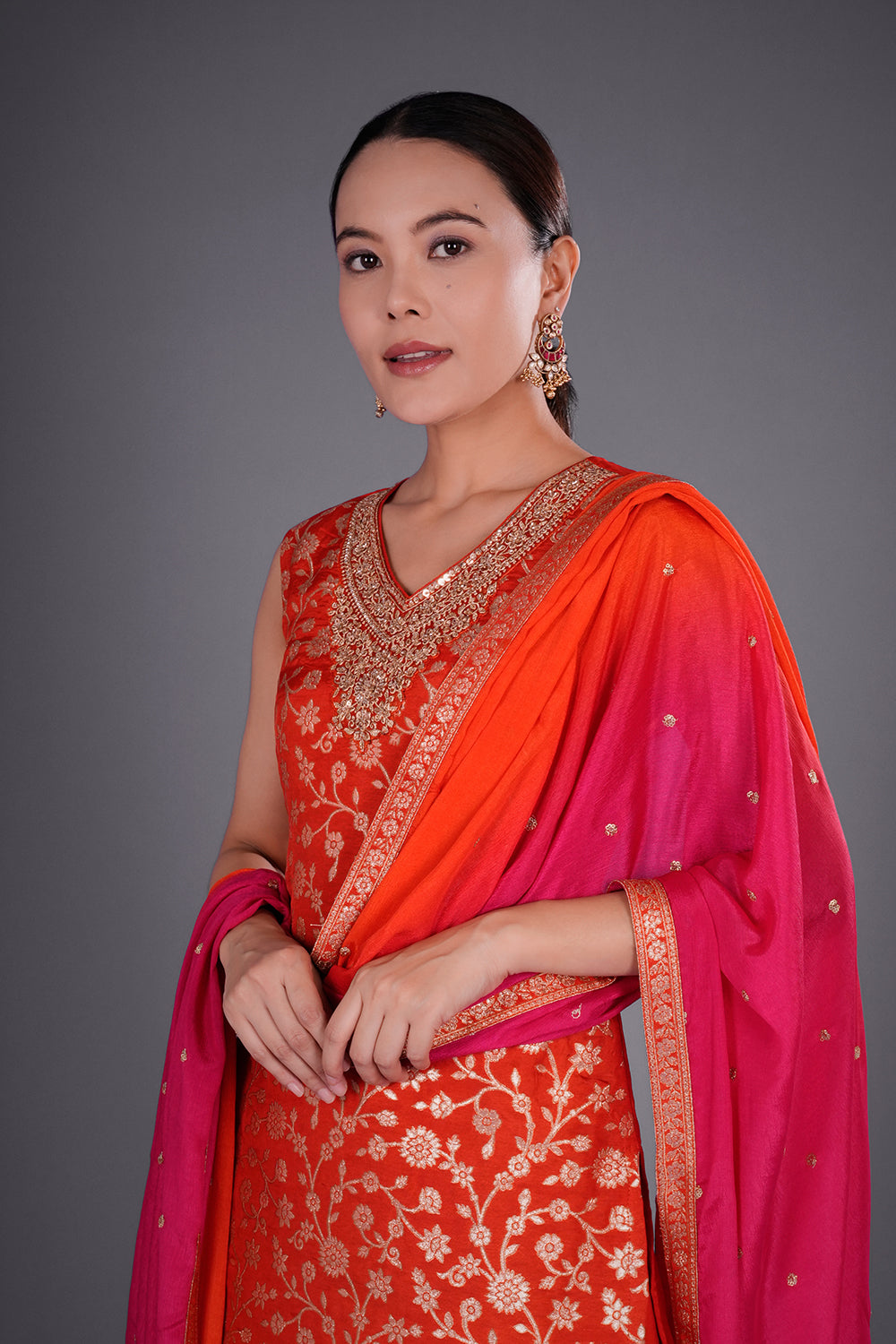 Burnt Orange Shimmer Zari Brocade Short Kurta Set with Zari Bead Embroidery