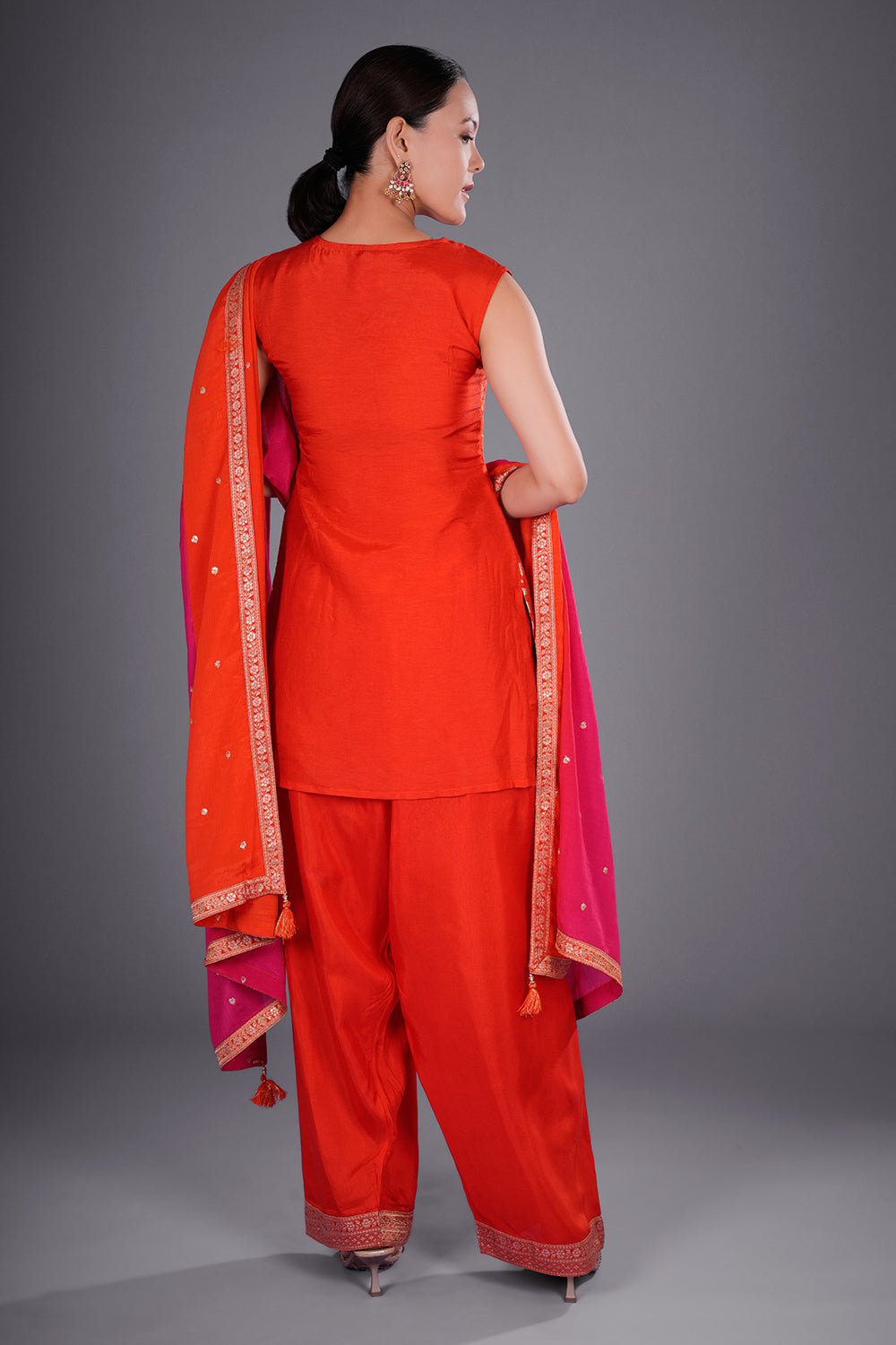 Burnt Orange Shimmer Zari Brocade Short Kurta Set with Zari Bead Embroidery