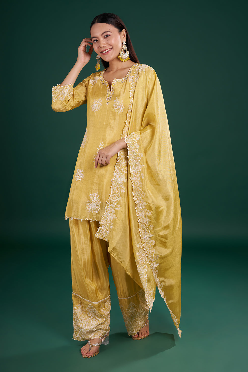 Butter Yellow Chanderi Kurta Set with Thread Embroidery