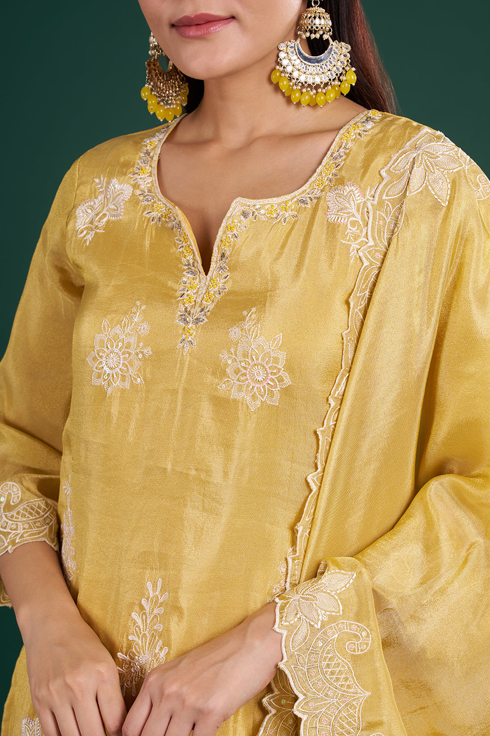 Butter Yellow Chanderi Kurta Set with Thread Embroidery