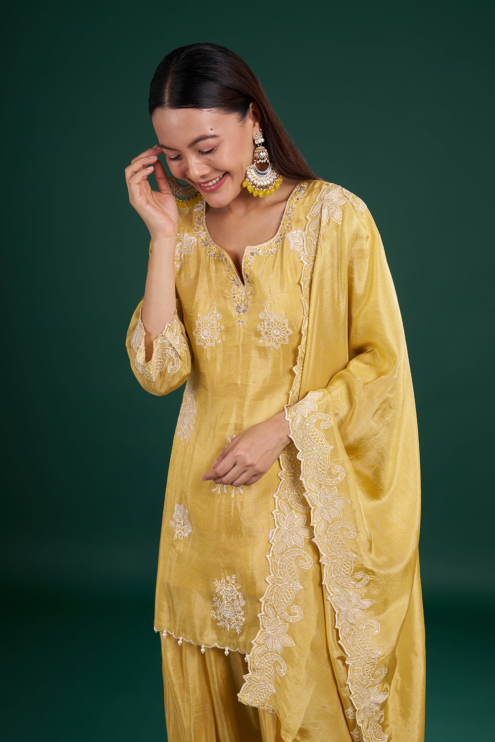 Butter Yellow Chanderi Kurta Set with Thread Embroidery