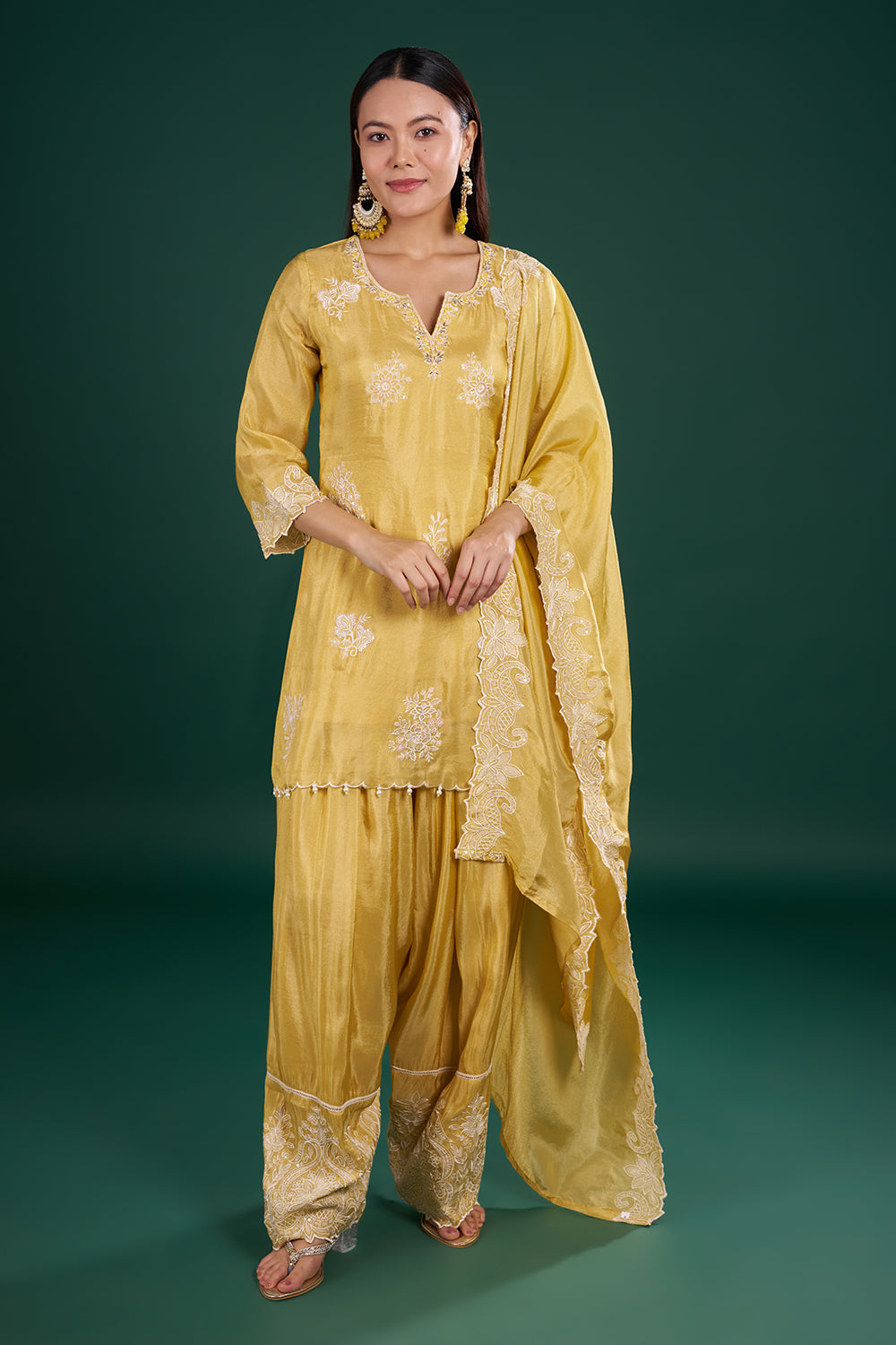 Butter Yellow Chanderi Kurta Set with Thread Embroidery