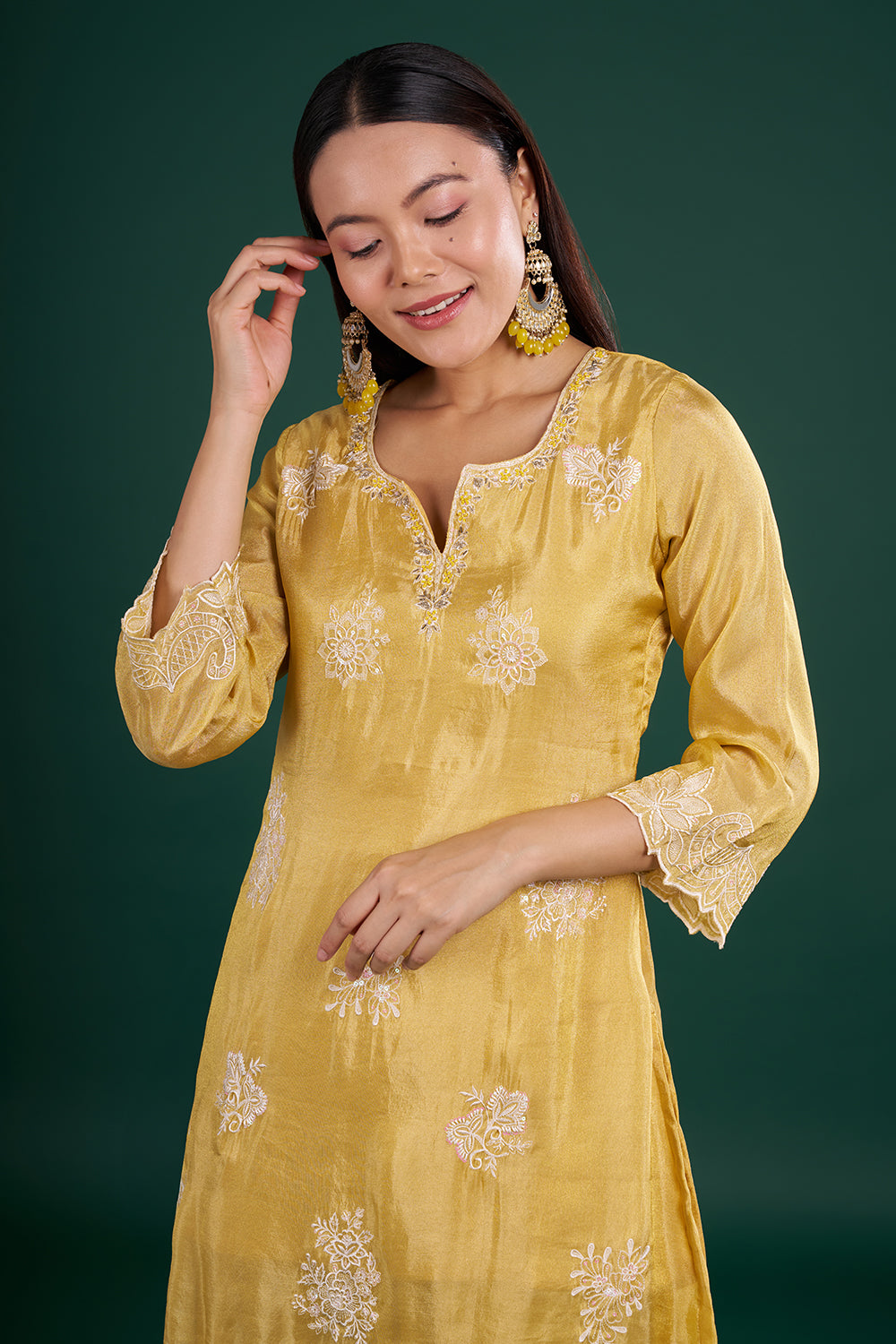 Butter Yellow Chanderi Kurta Set with Thread Embroidery
