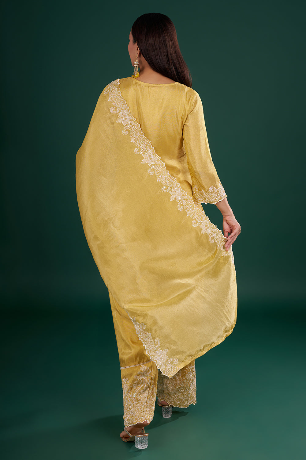 Butter Yellow Chanderi Kurta Set with Thread Embroidery