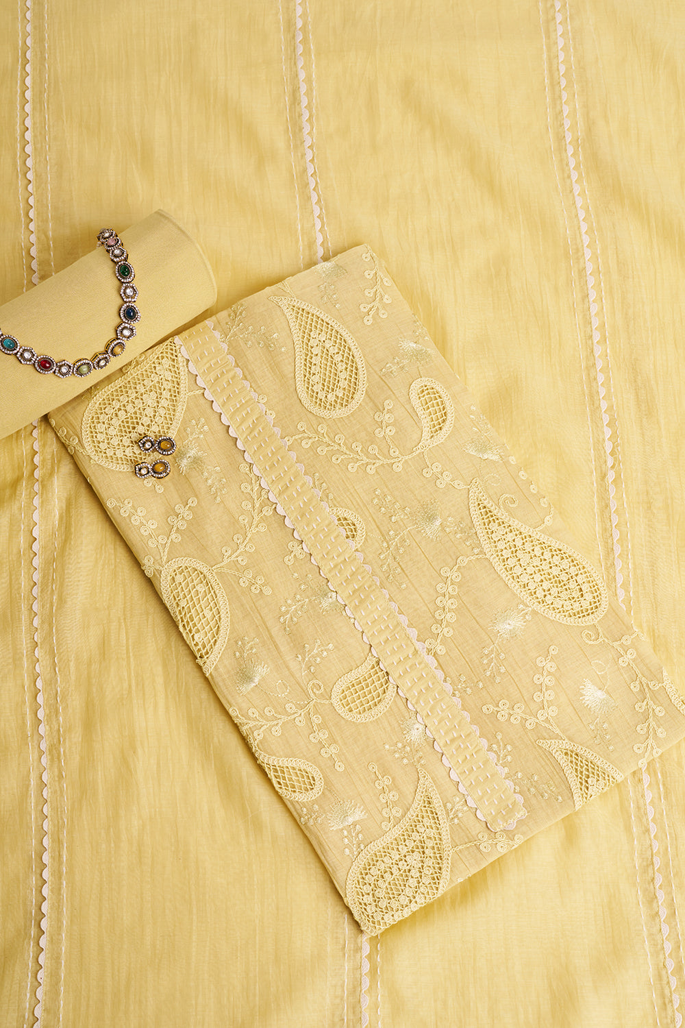 Butter Yellow Paisley Embroidered Unstitched Suit Set