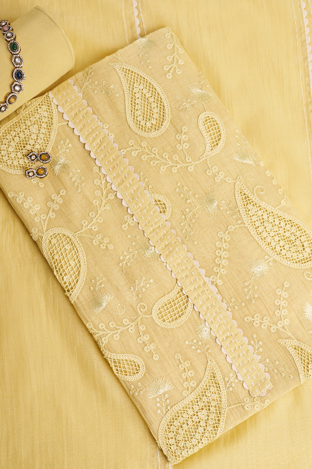 Butter Yellow Paisley Embroidered Unstitched Suit Set