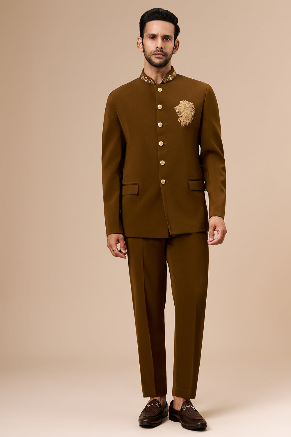 Caramel Brown Georgette Jodhpuri with Zari and Thread Lion Motif