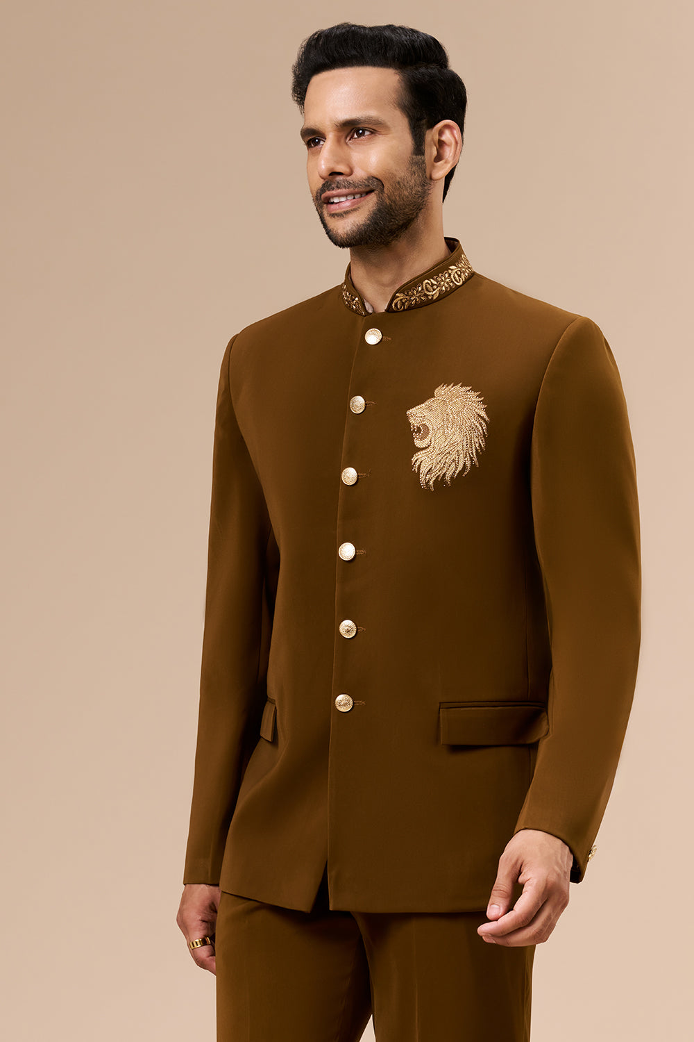 Caramel Brown Georgette Jodhpuri with Zari and Thread Lion Motif