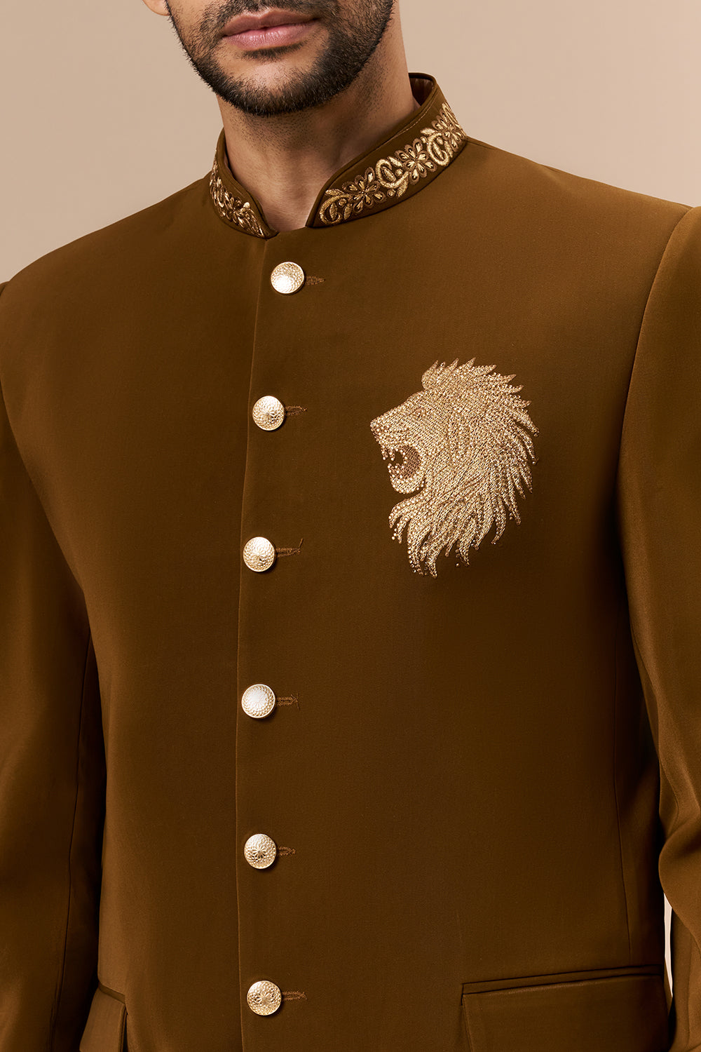 Caramel Brown Georgette Jodhpuri with Zari and Thread Lion Motif