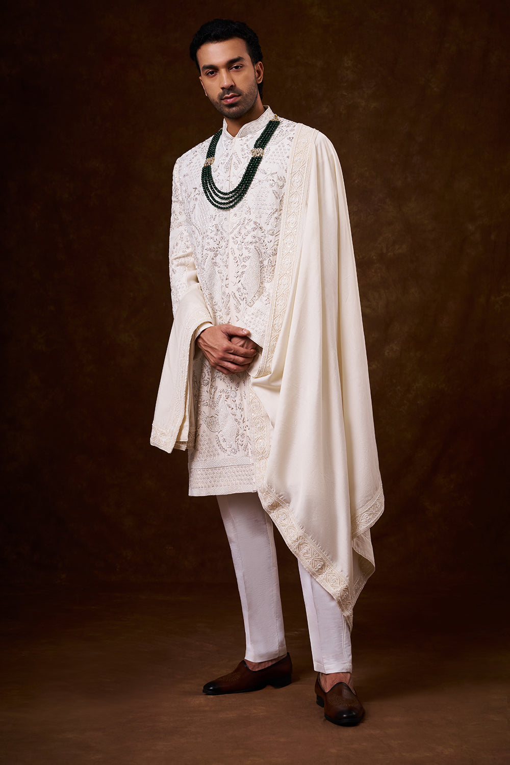 Champagne Art Silk Groom’s Sherwani with Zardozi Work