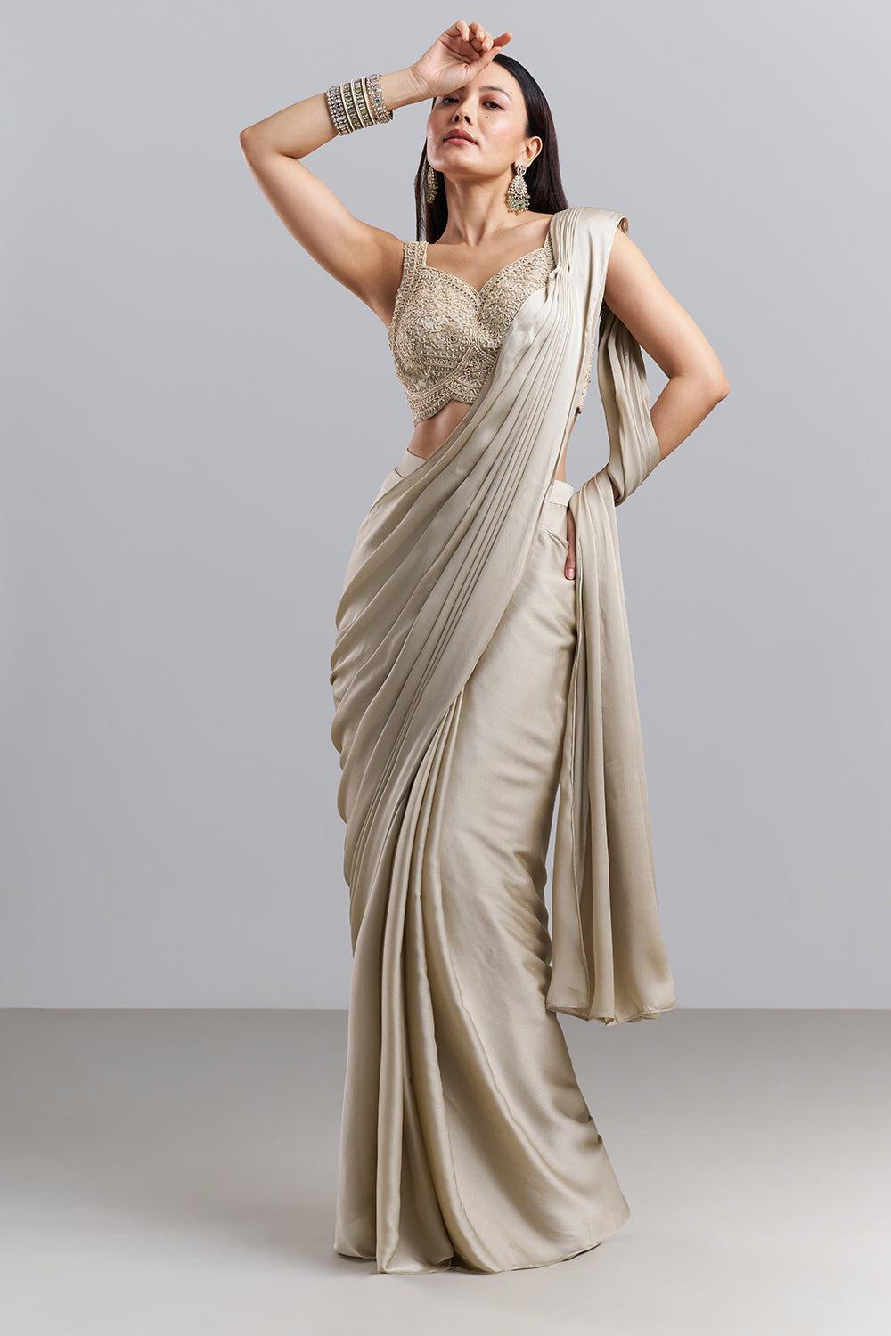 Champagne Beige Drape Saree with Embellished Blouse