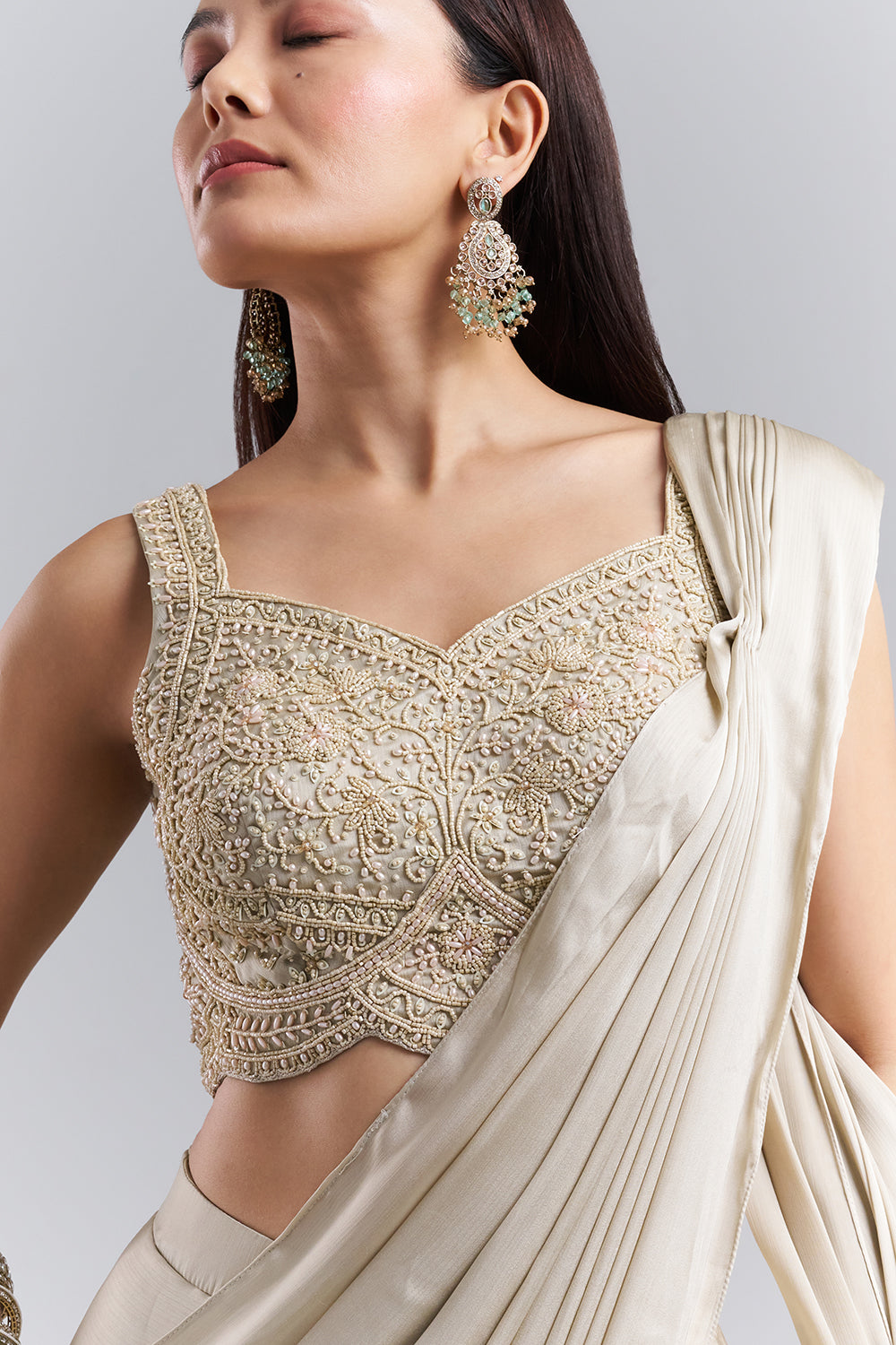 Champagne Beige Drape Saree with Embellished Blouse