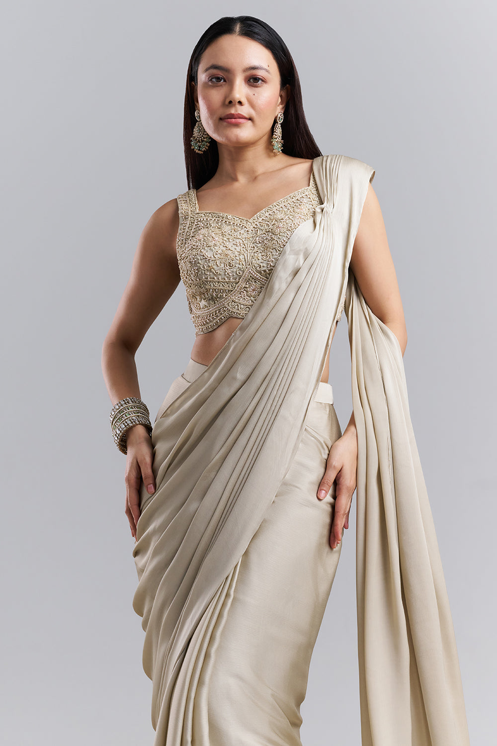 Champagne Beige Drape Saree with Embellished Blouse