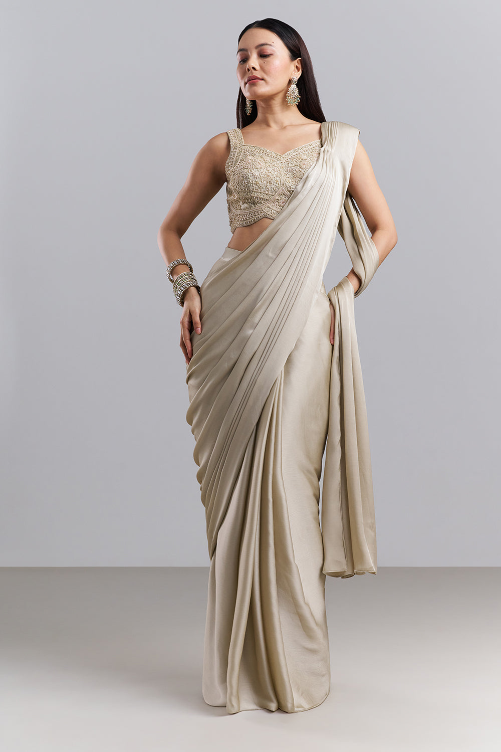 Champagne Beige Drape Saree with Embellished Blouse