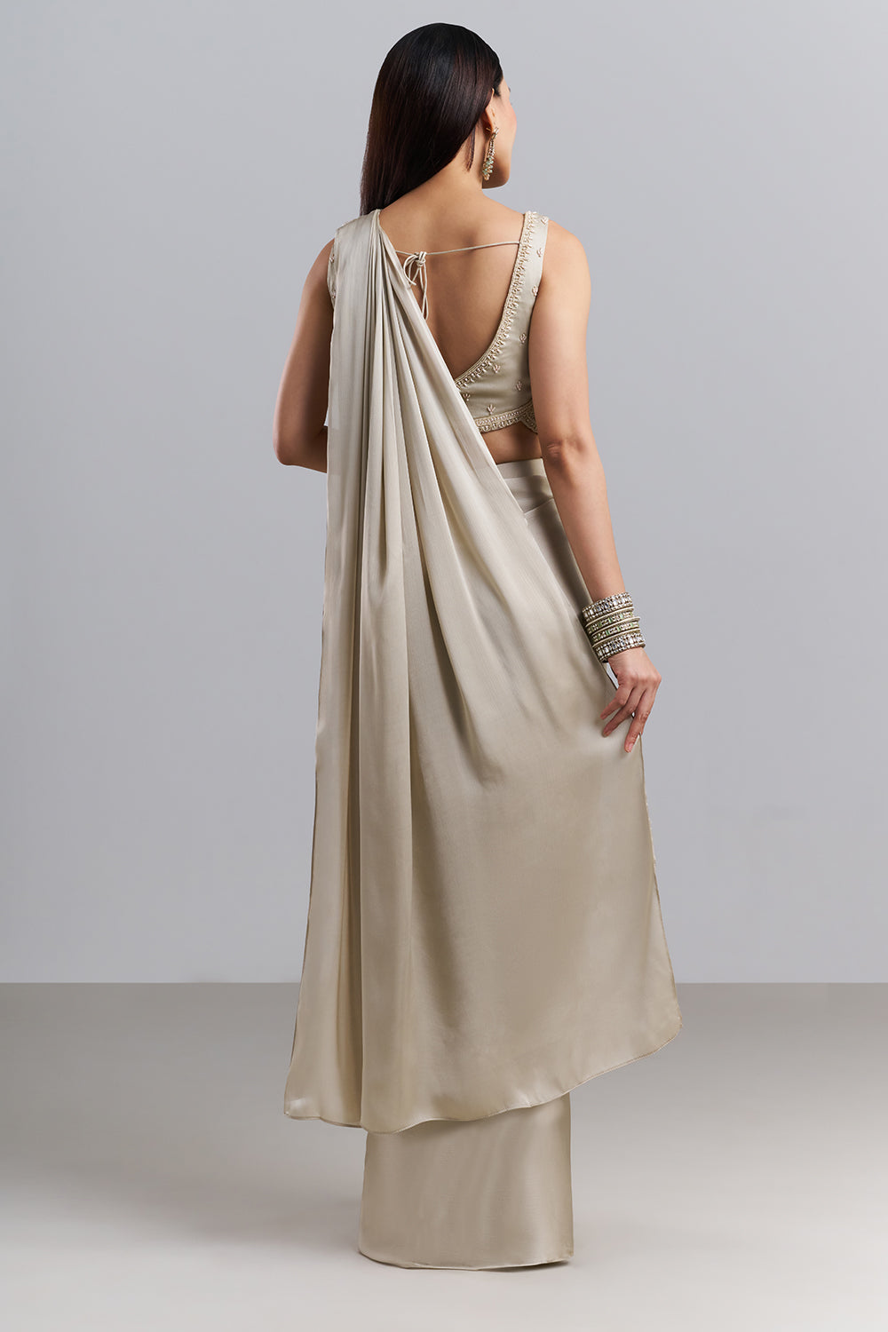 Champagne Beige Drape Saree with Embellished Blouse
