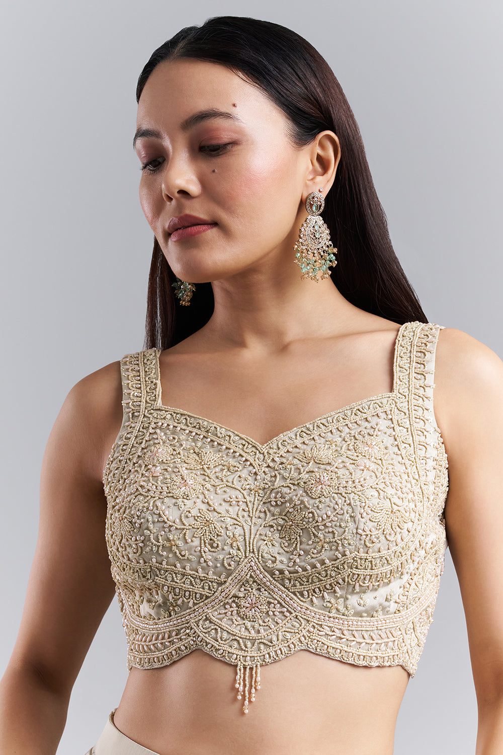 Champagne Beige Drape Saree with Embellished Blouse