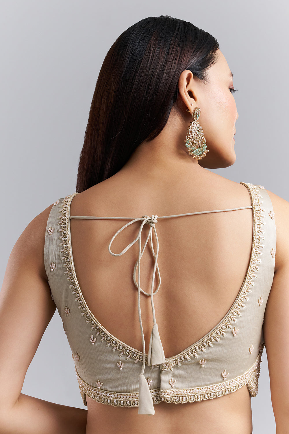 Champagne Beige Drape Saree with Embellished Blouse