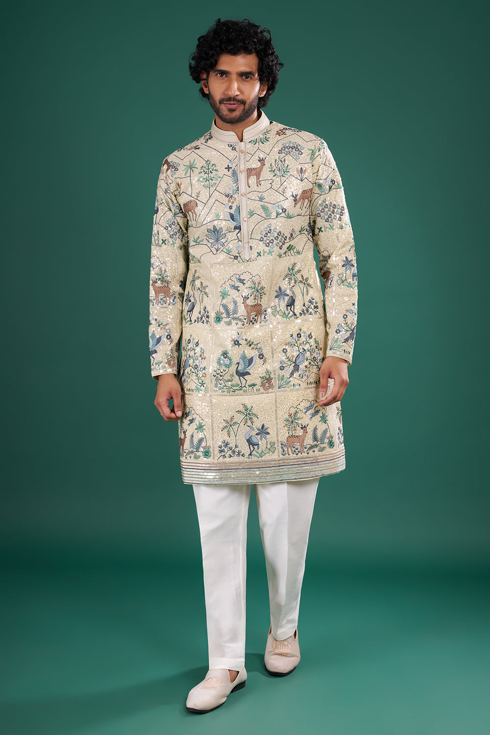 Champagne Beige Men's Embroidered Silk Blend Kurta Set