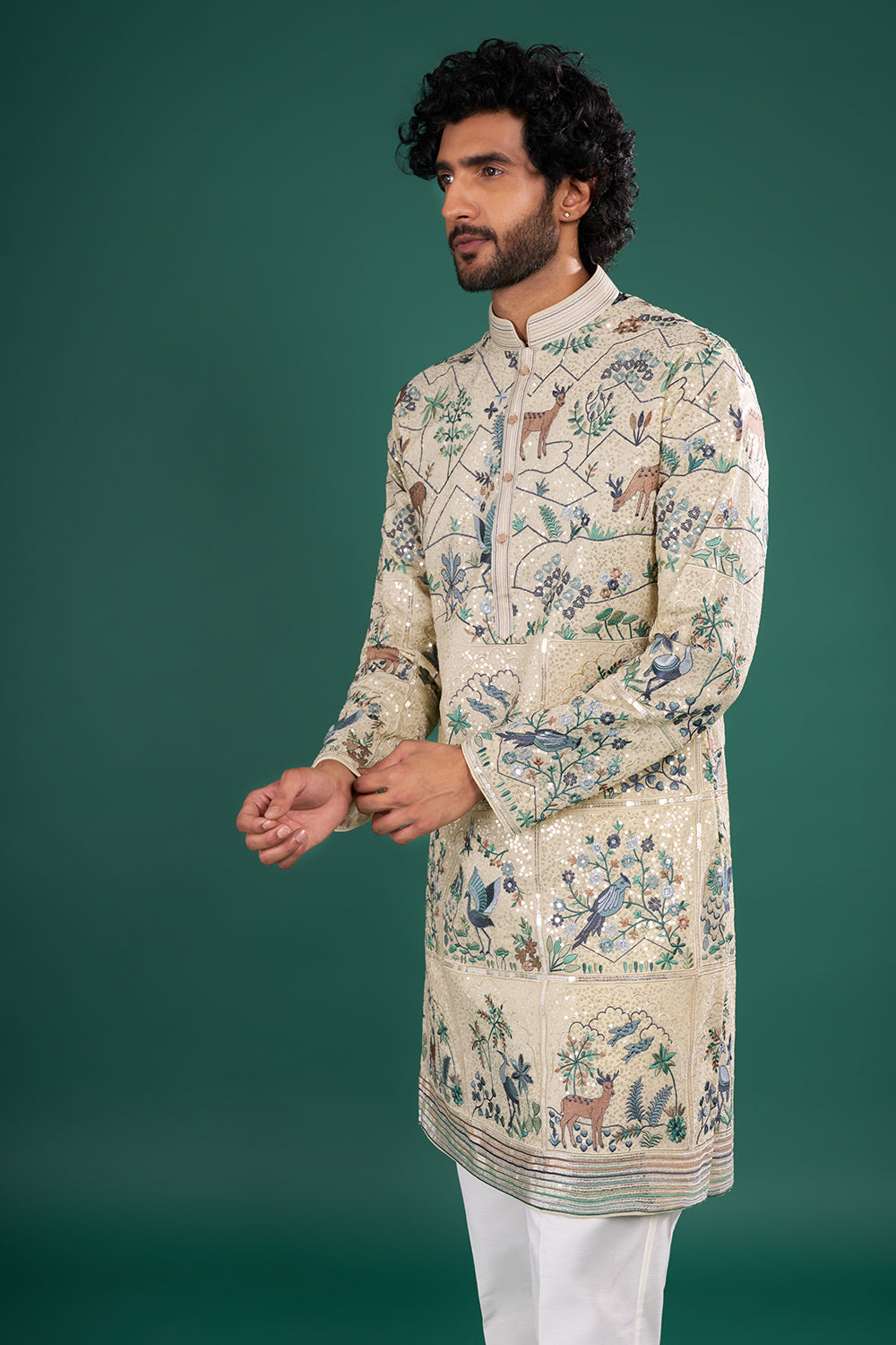 Champagne Beige Men's Embroidered Silk Blend Kurta Set