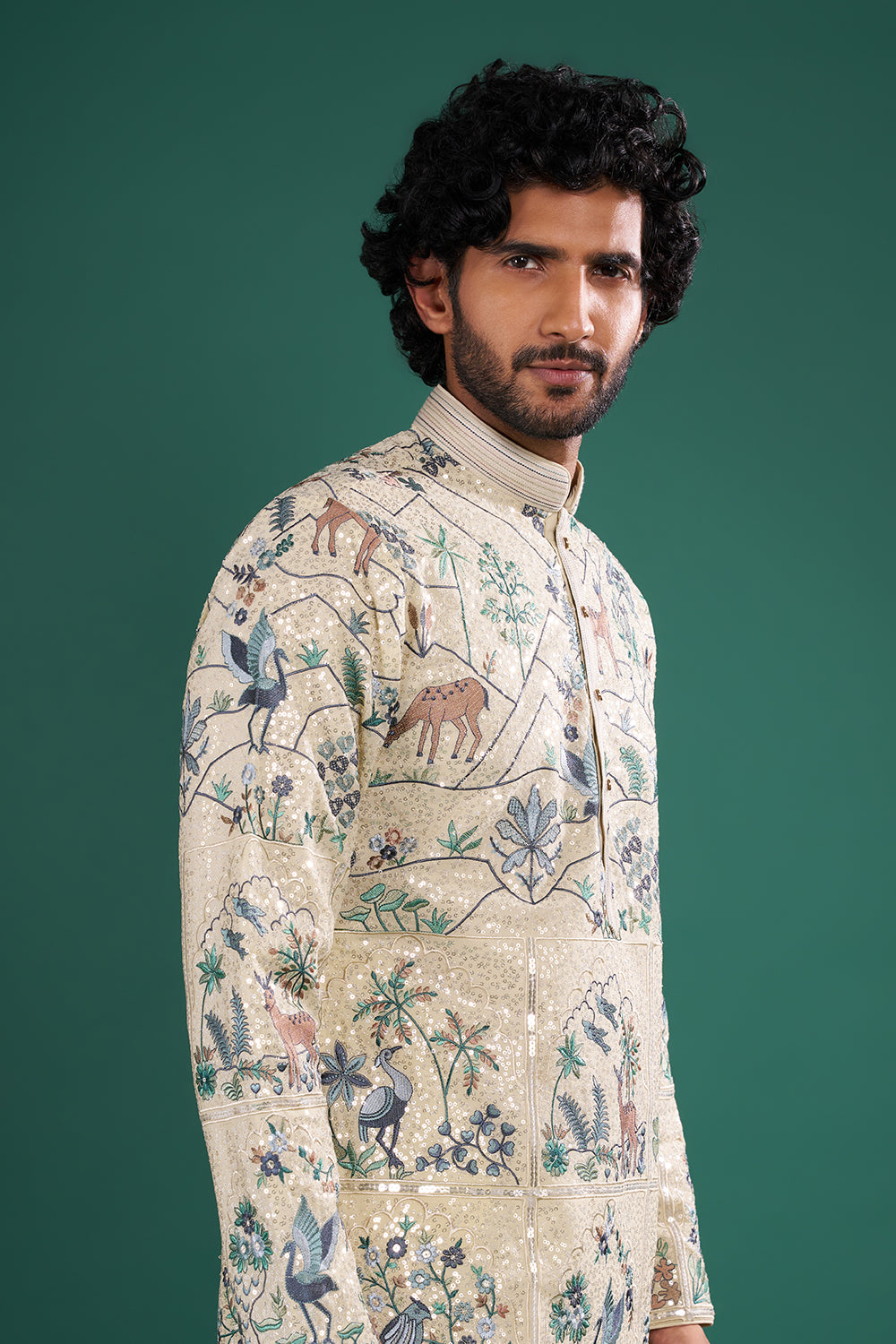 Champagne Beige Men's Embroidered Silk Blend Kurta Set
