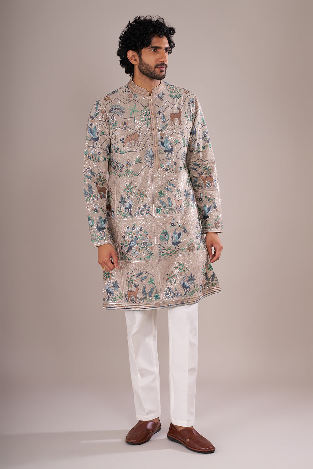 Champagne Beige Men's Silk Blend Kurta Set with Nature-Inspired Embroidery