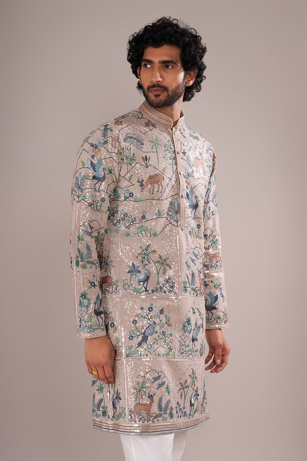 Champagne Beige Men's Silk Blend Kurta Set with Nature-Inspired Embroidery