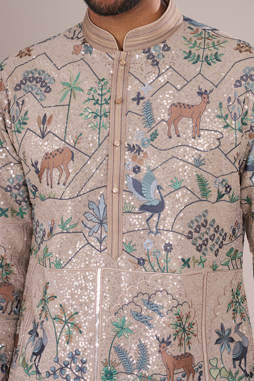 Champagne Beige Men's Silk Blend Kurta Set with Nature-Inspired Embroidery