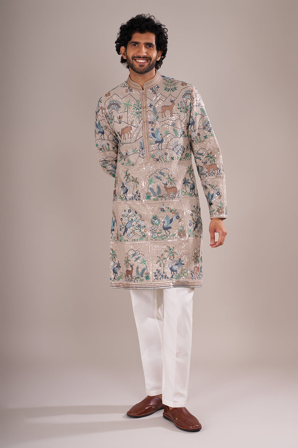 Champagne Beige Men's Silk Blend Kurta Set with Nature-Inspired Embroidery