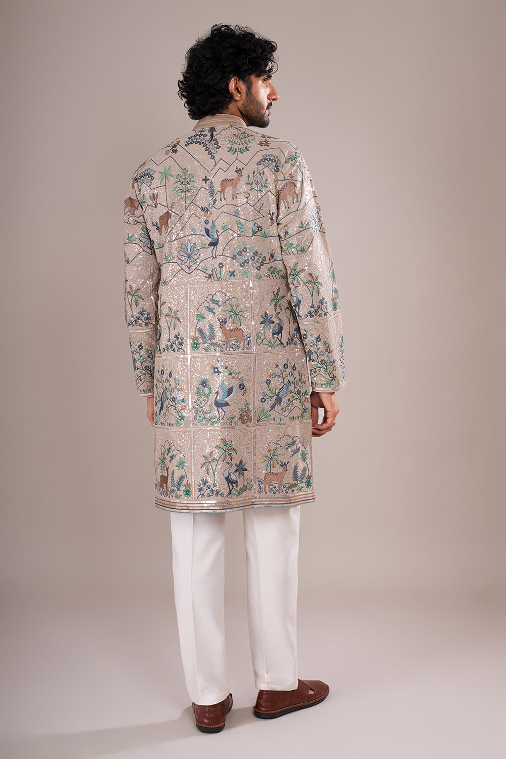 Champagne Beige Men's Silk Blend Kurta Set with Nature-Inspired Embroidery