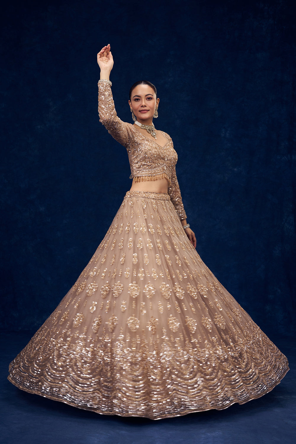 Champagne Beige Net Lehenga with Cutdana and Sequin Hand Work