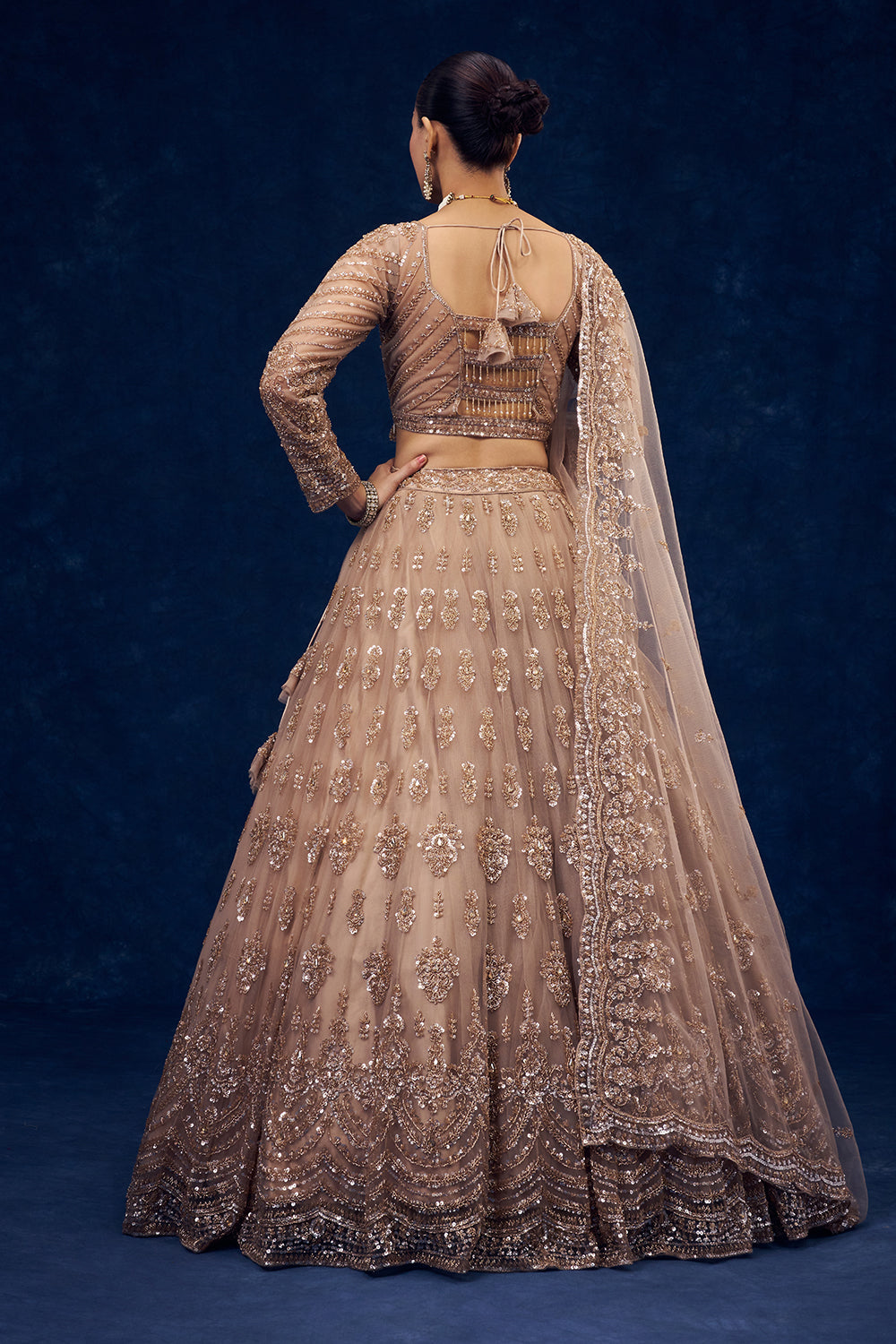 Champagne Beige Net Lehenga with Cutdana and Sequin Hand Work