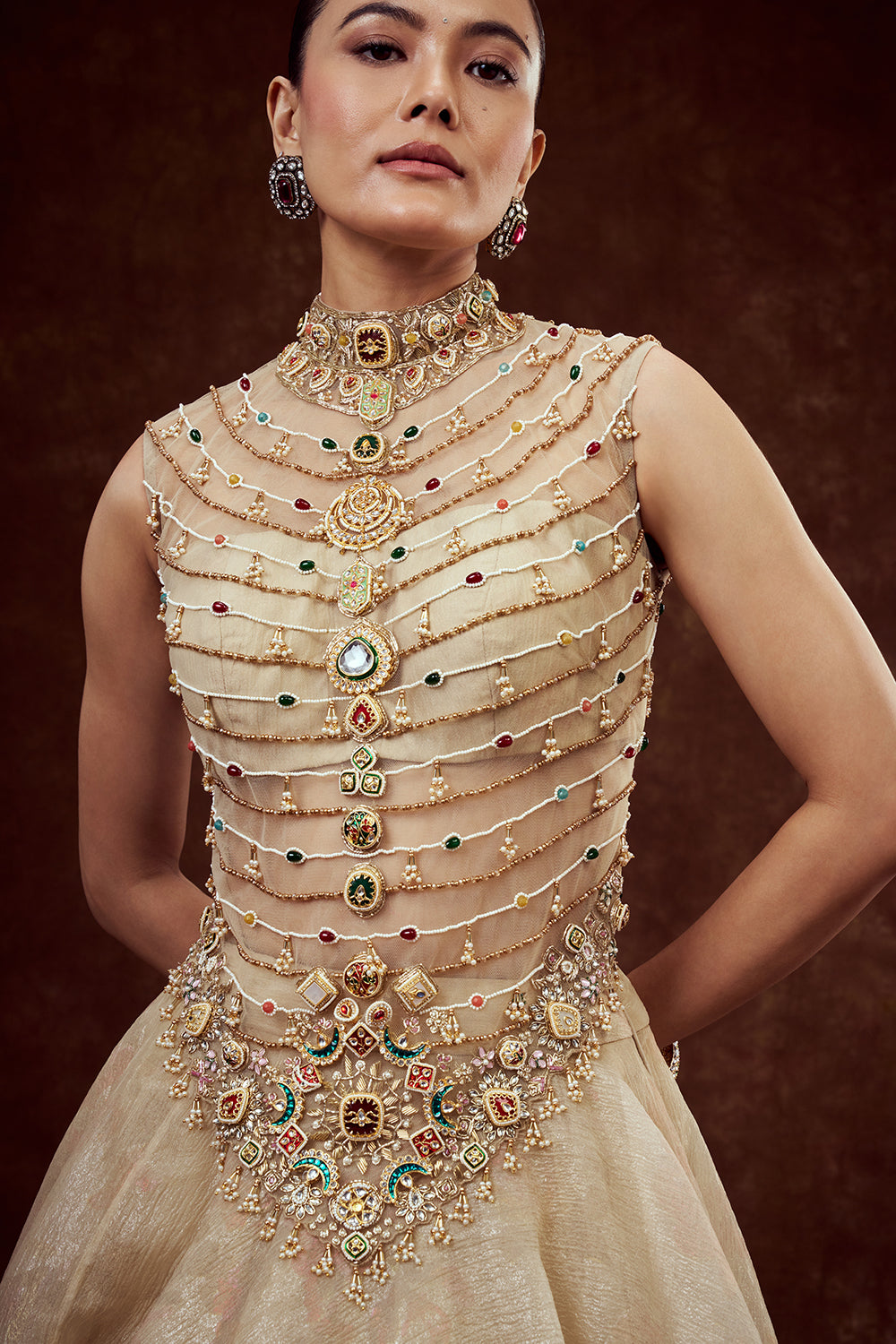 Champagne Gilded Gown with Ornate Embellishments