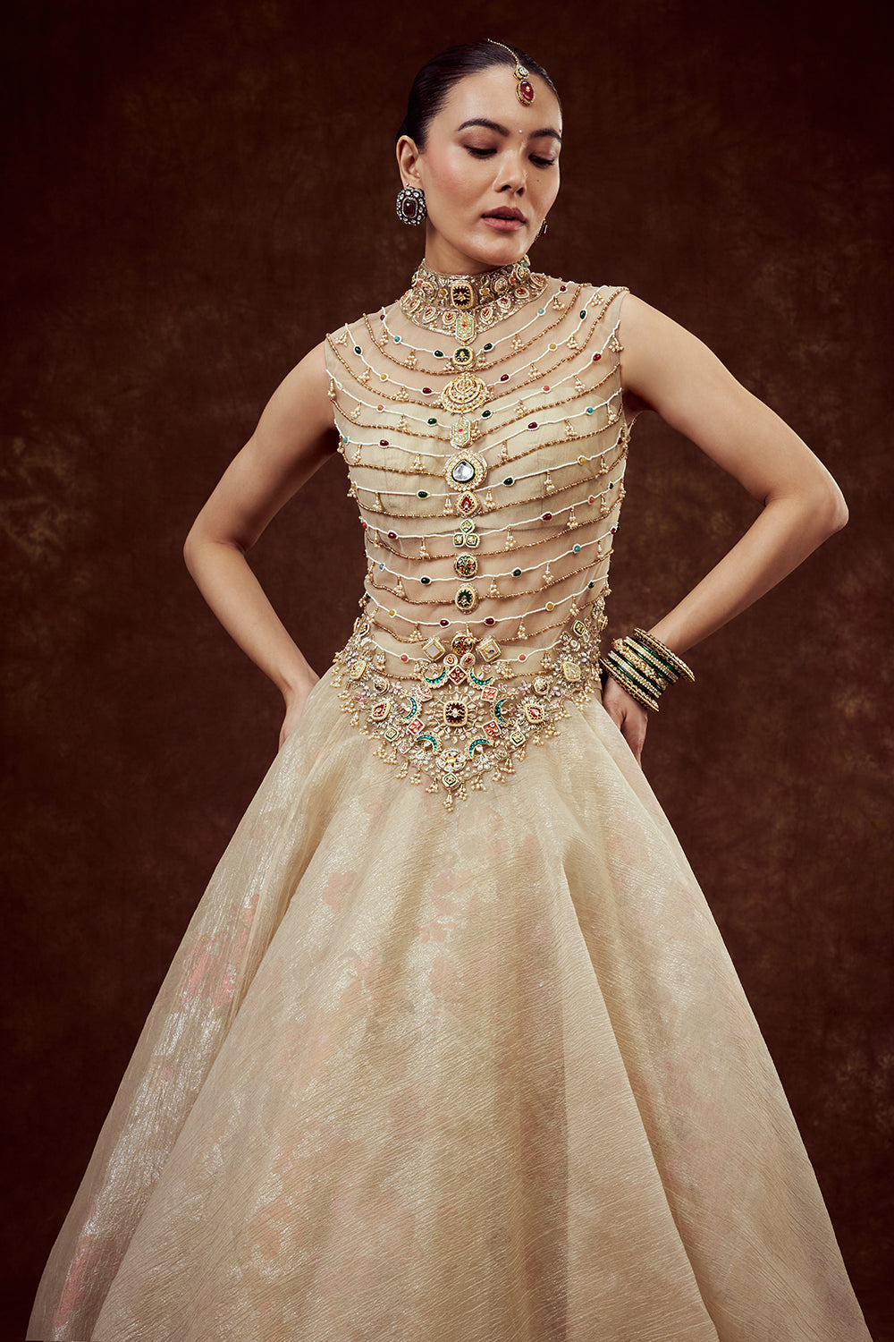 Champagne Gilded Gown with Ornate Embellishments