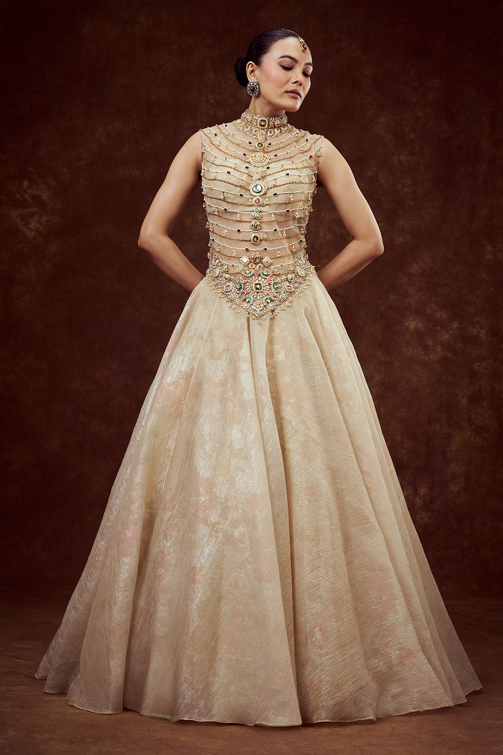 Champagne Gilded Gown with Ornate Embellishments