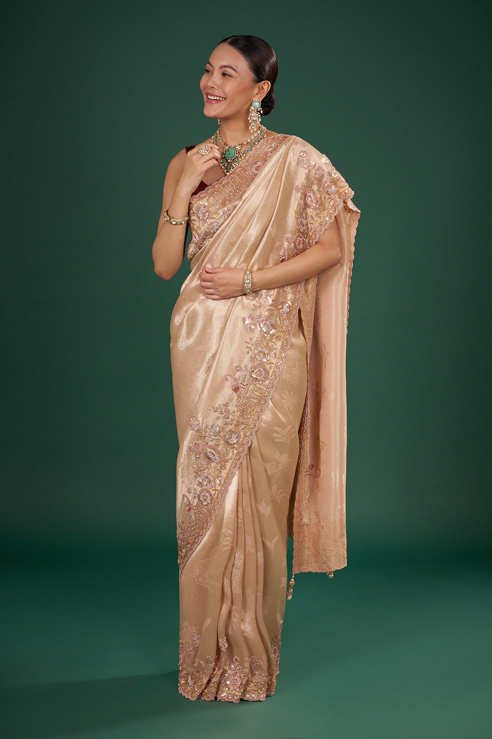 Champagne Gold Banarasi Saree with Blush Pearl Embroidery and Unstitched Blouse