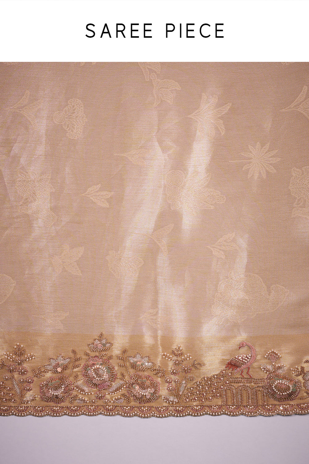 Champagne Gold Banarasi Saree with Blush Pearl Embroidery and Unstitched Blouse