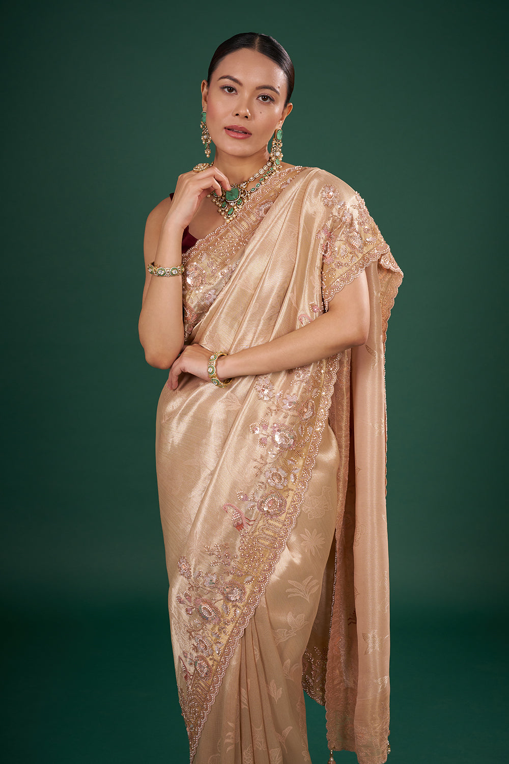 Champagne Gold Banarasi Saree with Blush Pearl Embroidery and Unstitched Blouse