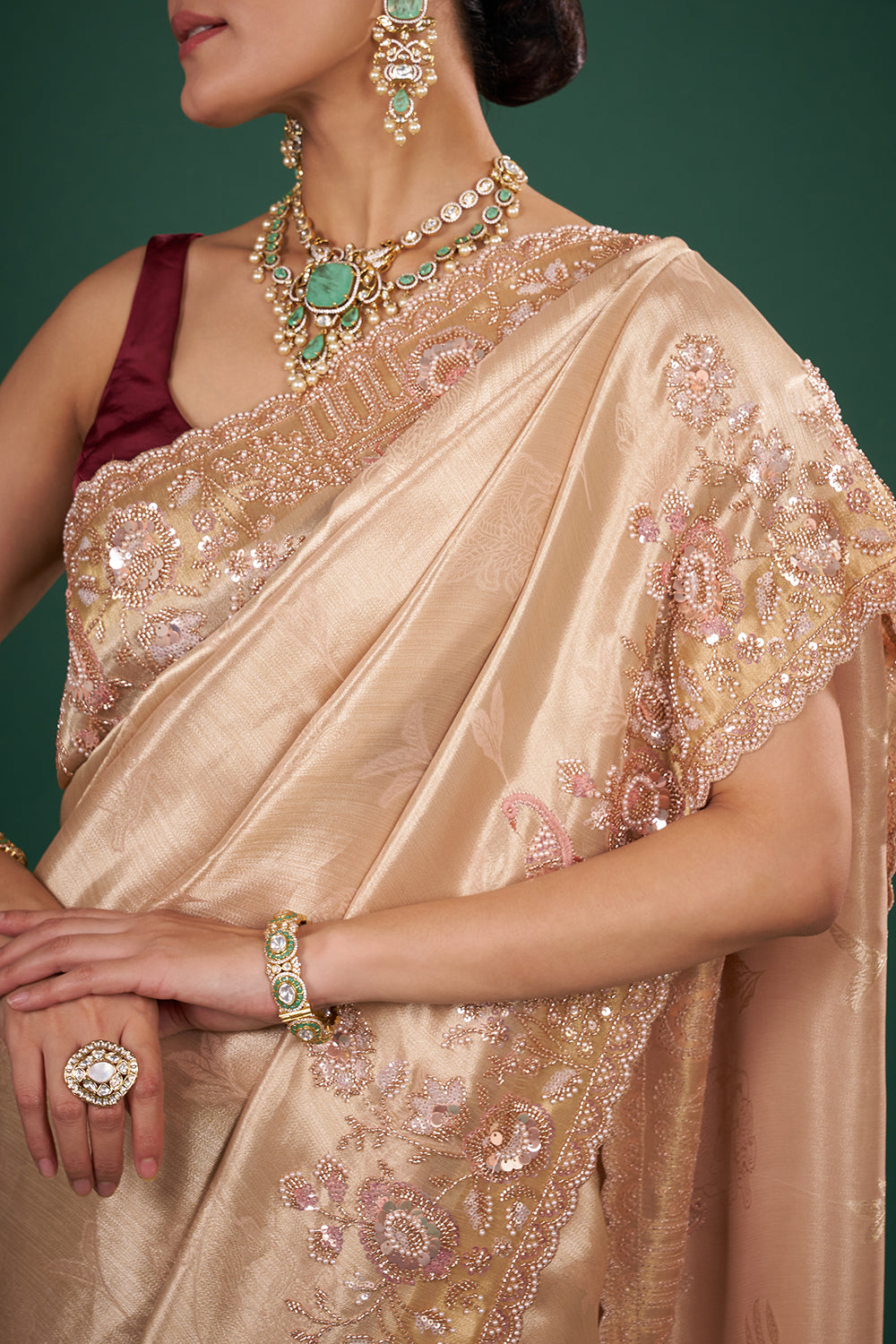 Champagne Gold Banarasi Saree with Blush Pearl Embroidery and Unstitched Blouse